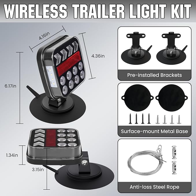Wireless Trailer Lights Kit, Rechargeable Magnetic Trailer Lights, Portable LED Tow Lights for Trucks, Boats, RVs, Vehicle, Caravan