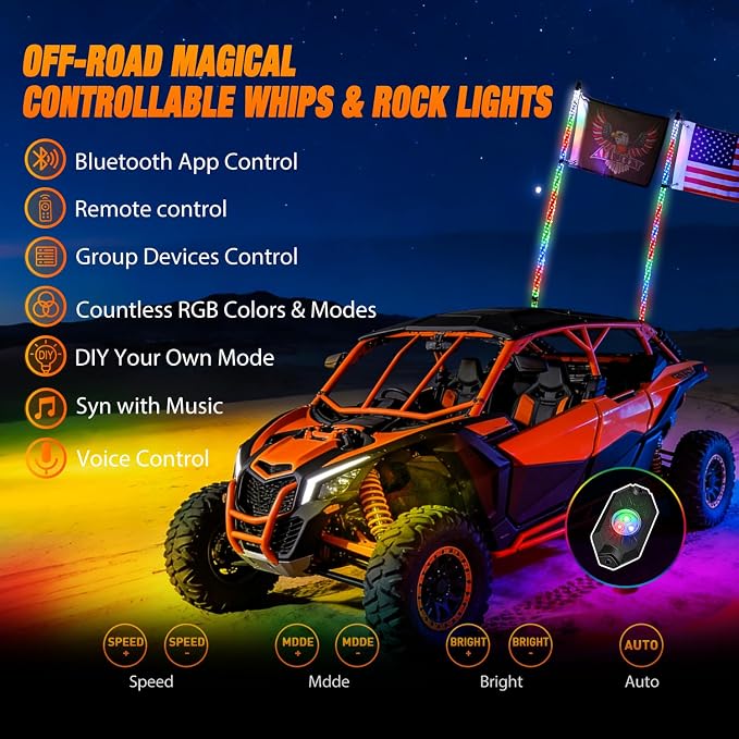 Nilight 2PCS 3FT RGB LED Whip Light and 6 PCS Rock Lights Combo Remote App Control w/DIY Chasing Patterns Stop Turn Reverse Modes Safety Antenna Whips for ATV UTV Polaris RZR Can-am Dune Buggy Jeep