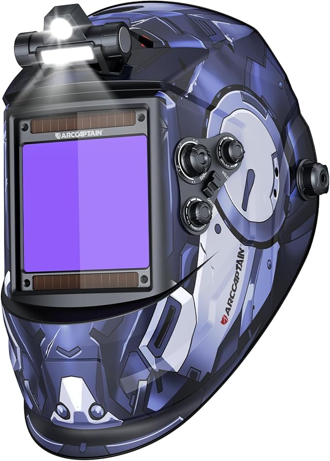 ARCCAPTAIN Large View 3.94" x 3.66" True Color Auto Darkening Welding Helmet with Light, Solar Powered Welding Hood, 4 Arc Sensor Wide Shade 4/5-9/9-13 for Stick MIG TIG Cut, ST