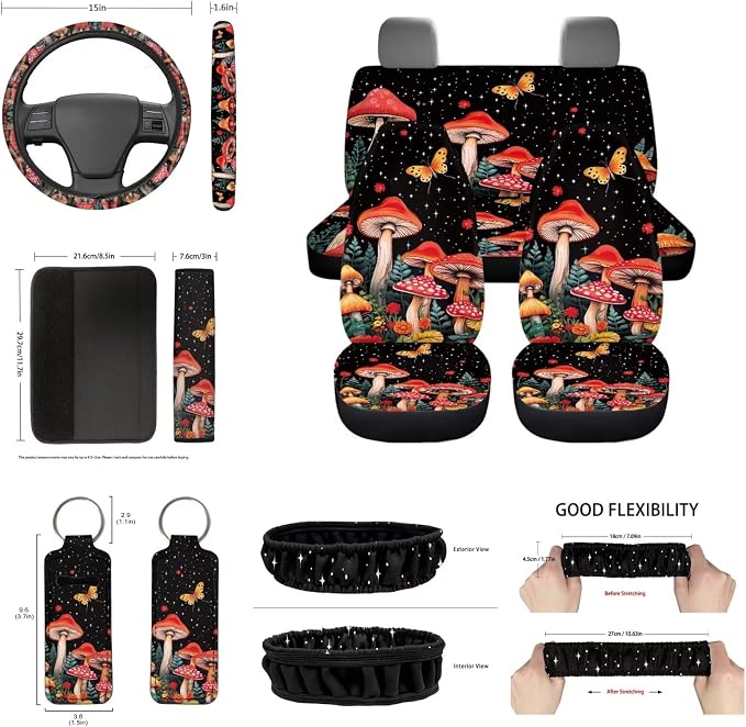 Universal Fit Mushroom Seat Covers for Car,Butterfly Flowers Wild Mushroom Car Coaster/15Inch Steering Wheel Cover/Seatbelt Pads/Keychain/Mirror Cover/Gear Shift Knob Handbreak Pads Accessory