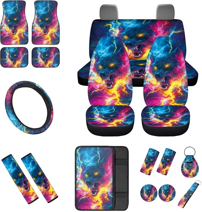 18 Pcs Cool Lightning Wolf Car Interior Accessories Set, Car Seat Covers Full Set with Auto Steering Wheel Cover Floor Mats Armrest Pad Seat Belt Pads Handle Wraps Cup Coaster Keychain