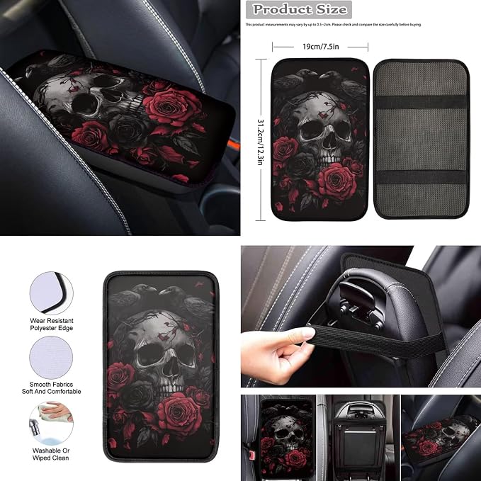 Howilath Raven Rose Skull Car Front Seat Cover with Center Console Cover+Steering Wheel Cover+Seatbelt Pads+Keychain+Coasters Car Accessories Set of 10