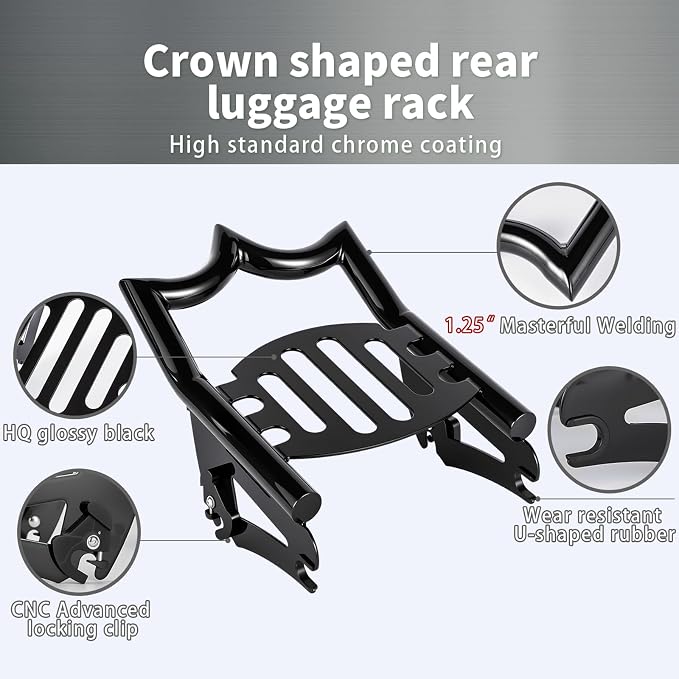 Crown Detachable Luggage Rack for Harley Touring 2009-2026 Street Road Electra Glide/Road King, Black （Classic）
