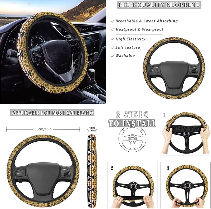 Cow Sunflower Amrican Flag Pattern Car Accessories Set of 10 Front and Back Seat Covers Cup Coasters Car Trash Can Steering Wheel Cover Keychain Air Vent Storage Bag Interior Covers for Auto