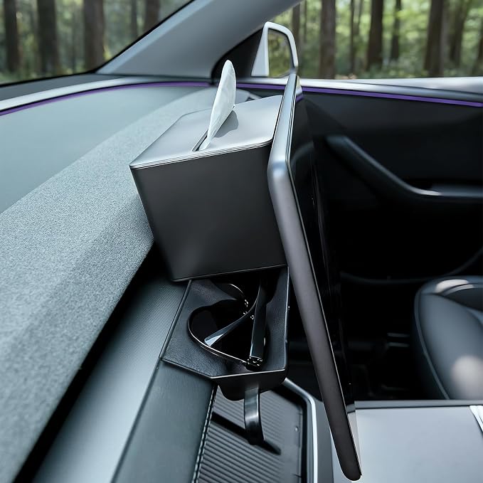TEMAI 2-in-1 Behind Screen Organizer for 2025 Tesla Model Y Refresh Juniper, Magnetic Tissue Box & Flocked Sunglasses Drawer, Sensor-Safe Anti-Rattle Tray, Matte Black