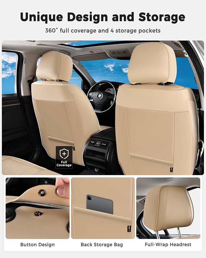 Huidasource Beige Seat Covers, Luxury Faux Leather Car Seat Cover, Velcro Adjustable, with Airbags, Seat Belts, Thinning Design Perforation Cooling＆Heating Fit for Most Cars, Vans, Trucks, SUVs, Beige