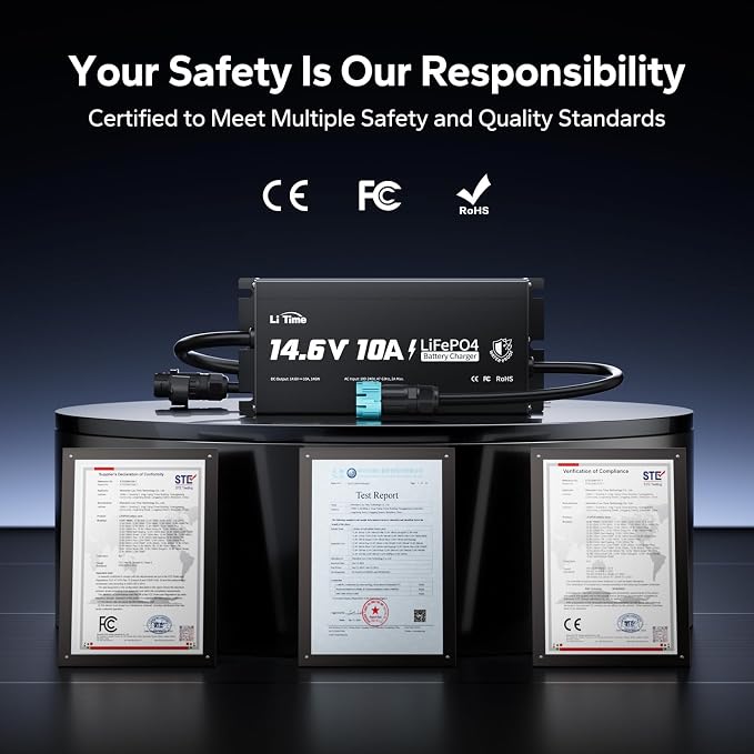 LiTime IP65 Waterproof 14.6V 10A LiFePO4 Onboard Charger, Fast Charging, 4 Safety Protections, Better Charging Performance, Extend Lithium Batteries Life, with LED Indicator, Outdoor & Marine Use