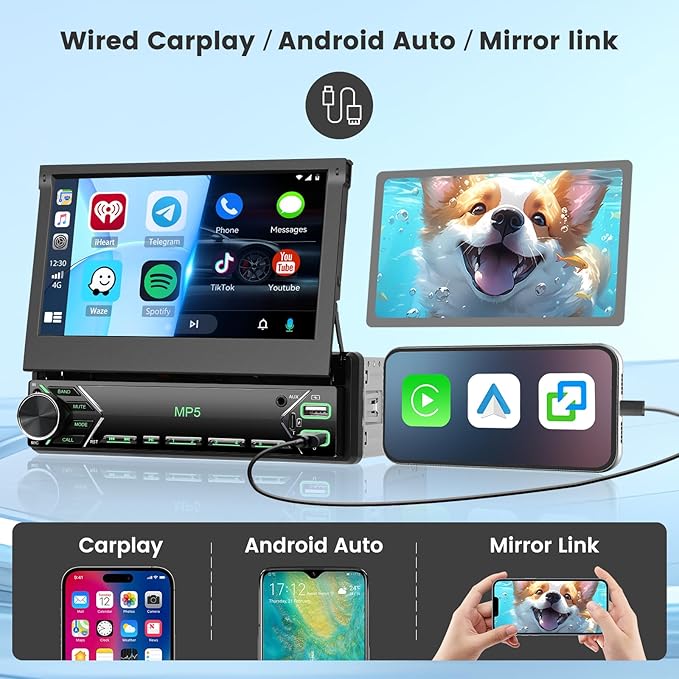 [Stable AM Radio] Hikity 7'' Single Din Car Stereo Carplay Android Auto, 7in Flip Out Touch Screen Car Radio Bluetooth Car Audio Receiver, SWC/Mirror Link, FM/EQ, Dual USB/Type-C, Free Backup Cam+Mic
