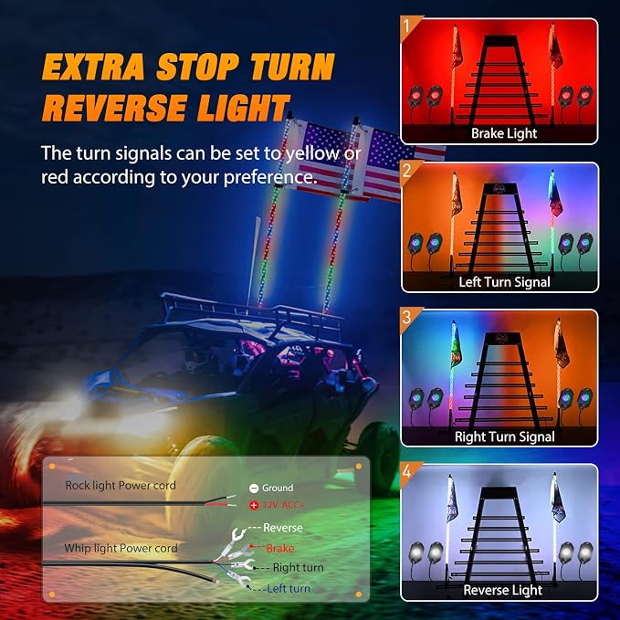 Nilight 2PCS 4FT RGB LED Whip Light and 4 PCS Rock Lights Combo, Remote & App Control w/DIY Chasing Patterns Stop Turn Reverse Safety Antenna Lighted Whips for ATV UTV