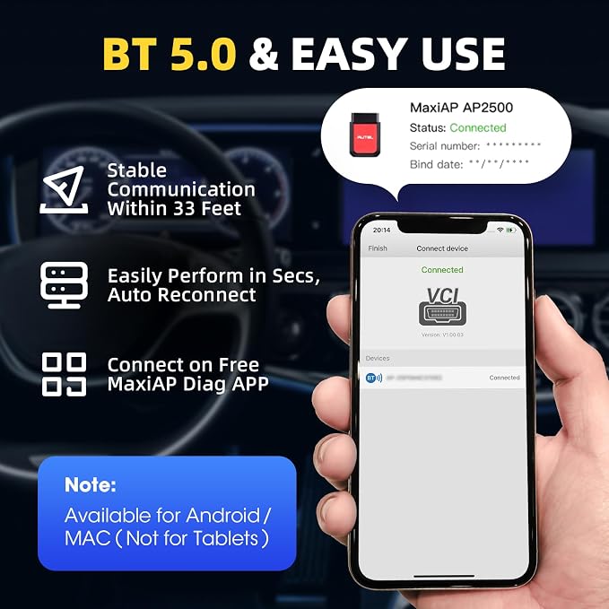 Autel AP2500E/AP2500 OBD2 Scanner Bluetooth Code Reader, Upgraded of AP200, OBDII Scanner All-System Diagnostic Tool, CAN FD, 5 Hot Resets, AutoVIN, Check Engine Light, Car Code Reader for Android/iOS