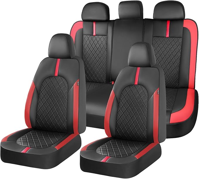 Coverado Red Car Seat Covers Full Set, Waterproof Front Seats Back Seat Cover, Leather Car Seat Cushion Universal Fit for Most Cars