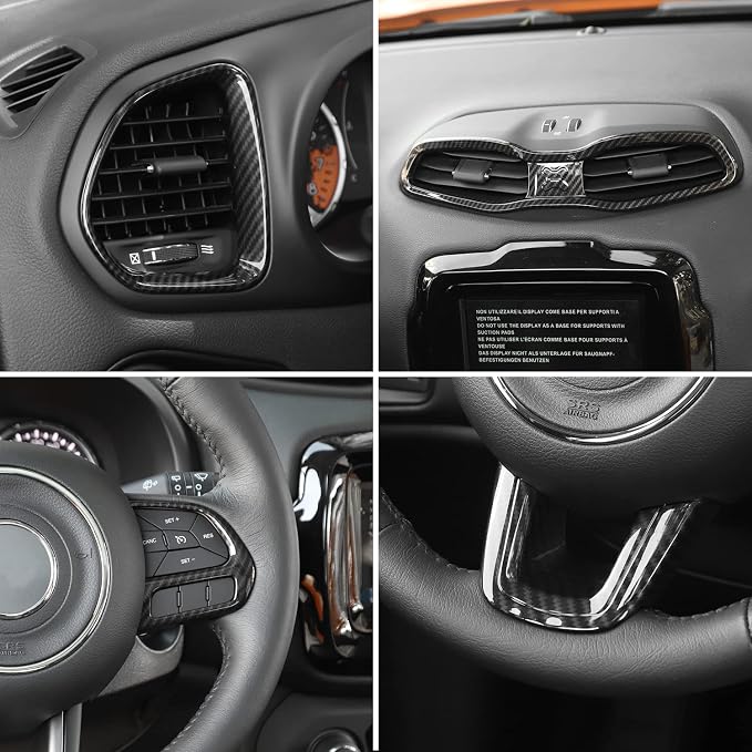 CheroCar 31 PCS Full Set Interior Decoration Trim Kit Steering Button Cover Door Handle Cover Air Outlet Cover Cup Holder Gear Cover Trim Door Speaker Cover for Jeep Renegade 2016-2018,Carbon Fiber