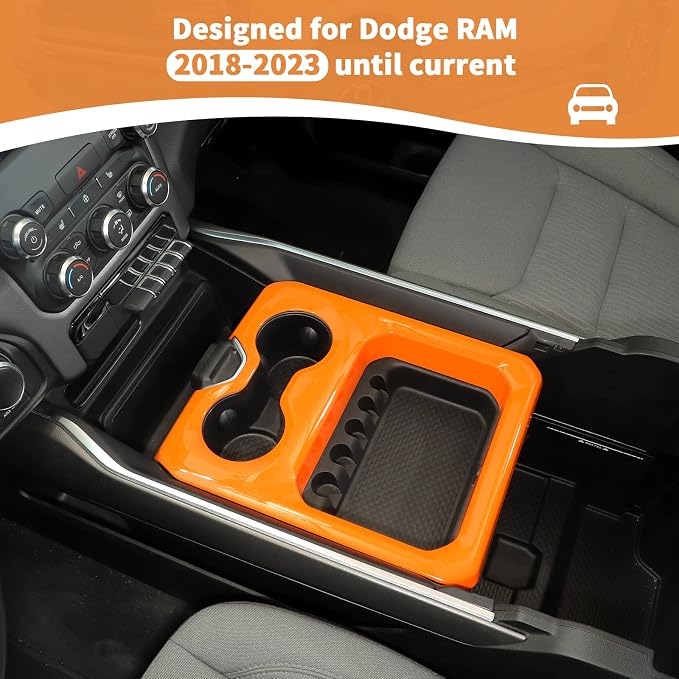 RT-TCZ for Dodge RAM Orange Center Console Cup Holder Panel Trim Cover for Dodge RAM 2018 2019 2020 2021 2022 2023 Orange Interior Accessories