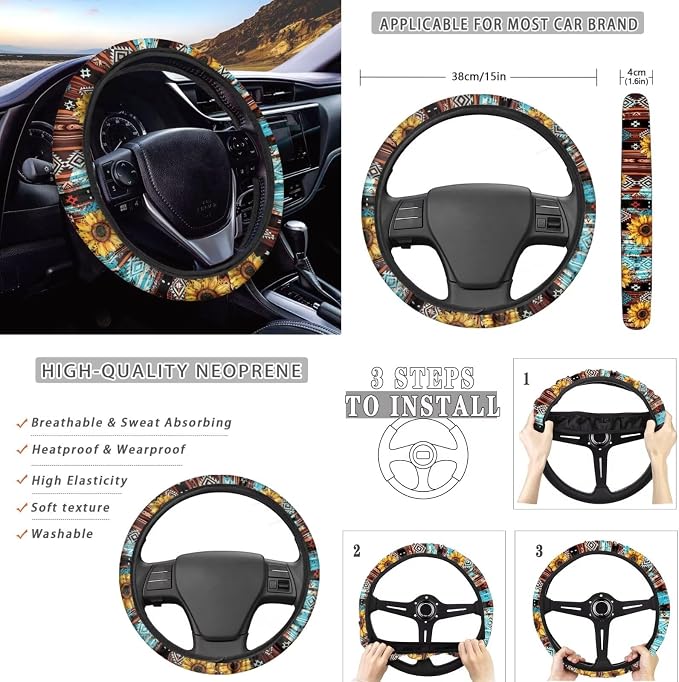 Howilath Western Aztec Tribal Sunflower Car Seat Cushion Cover Interior Accessories with Steering Wheel Covers+Seat Belt Cover Pad+Keychains+Cup Coasters Fit Most Vehicle - 13 Piece