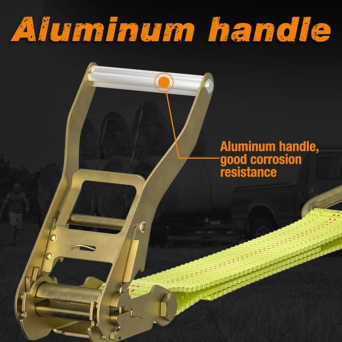 Ratchet Tie Down Strap - 4 Pack 2" x 27' Heavy Duty Ratchet Straps with Aluminum Handle, Cargo Straps for Moving Appliances, Lawn Equipment, Motorcycle in a Truck Yellow