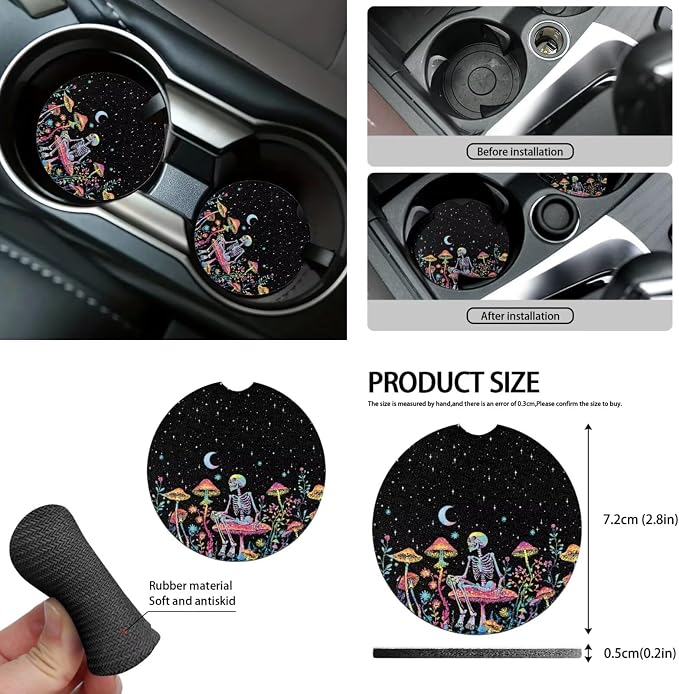 Halloween Car Accessories Car Seat Covers Full Set with Steering Wheel Covers+Seat Belt Pads+Coasters+Keychain+Lipstick Holder Universal Fit(13 Pack), Skull Mushroom Starry Night