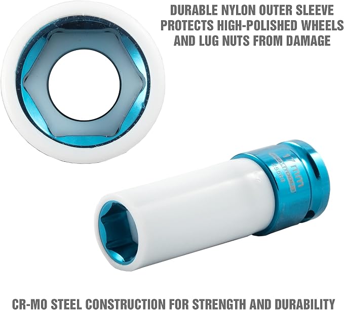 OEMTOOLS 25565 17MM Lug Nut Socket, 1/2" Drive 17 mm Socket for Wheel Service, Non-Marring Sleeve, Thin Wall, CR-MO Steel for Impact Tools, 400 Ft-Lb Max Torque
