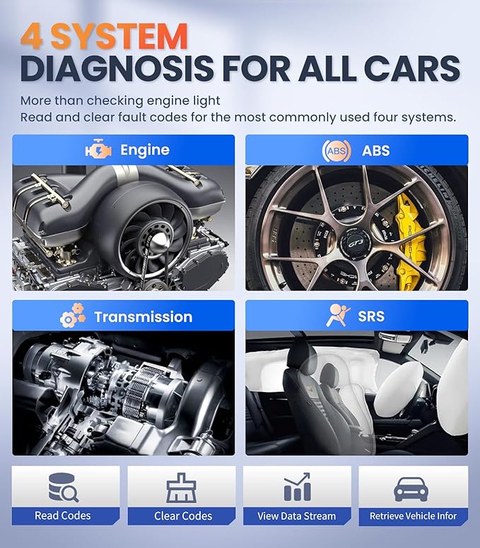 OBD2 Scanner with ABS SRS Transmission, Reset Fault Lights | Check Engine Code Reader with Full OBDII Functions | DLC Pin Test | Battery Voltage Check, Car Diagnostic Tool