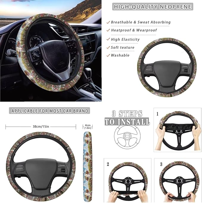 Suobstales Cow Flower Print Car Accessories for Women Seat Covers Set with Universal Steering Wheel Cover Seatbelt Pads, Cup Holder Coasters, Keychain Fits SUV Trunk Sedan