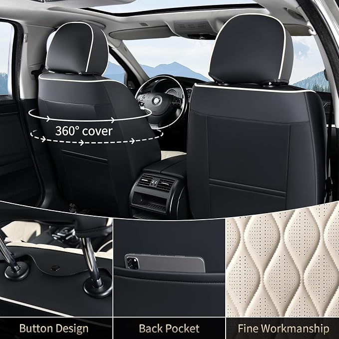 FLORICH Leather Seat Cover Front Seats Automotive Car Seat Covers Front Seat Cover Waterproof Car Seat Protector with Lumbar Support 2 Pack Universal Fit for Most Cars Sedans Trucks SUV, Black&Beige