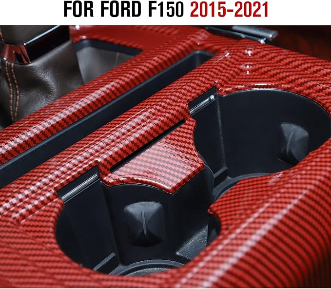 JeCar Center Console Gear Shift Cup Holder Panel Cover Trim Decoration Frame for 2015-2020 Ford F150 (Red Carbon Fiber)