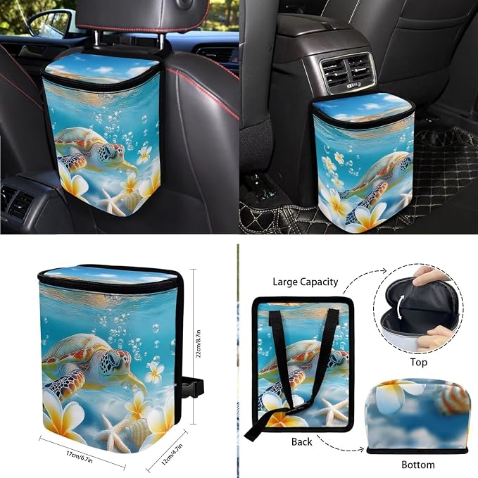 Sea Turtle Plumeria Print 10 Pcs Car Accessories Set Breathable Car Seat Covers Steering Wheel Cover Trash Can Auto Air Vent Storage Bag Cup Coasters Keychain Fits for Most Vehicle