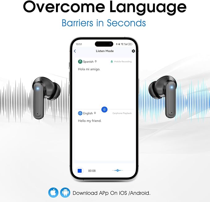 Language Translator Earbuds, Real Time Translation Earbuds 3-in-1 Translation 144 Languages & Accents LCD Touch Screen Open-Ear Design Language Translator Headphones with Digital Display-Black