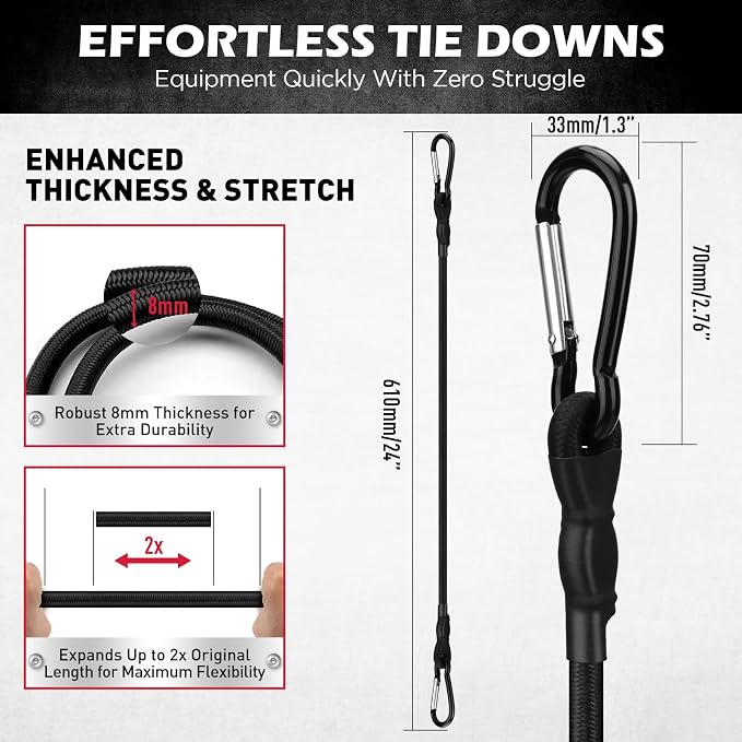 5-Piece 24 Inch Bungee Cords with Carabiner Hooks, Heavy Duty Rubber Elastic Tie Down Straps, Bungee Cord with Carabiner Clips for Cargo, Truck Bed, Camping, Motorcycle and Outdoor Use (Black)