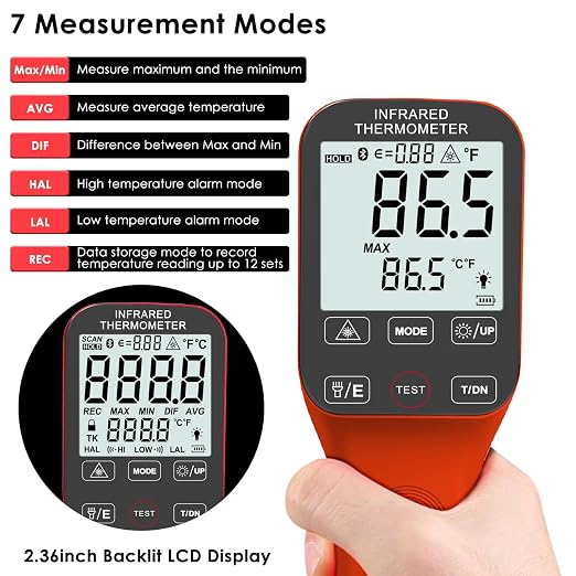 Digital Infrared Thermometer Gun 30:1, BTMETER Dual Laser IR Temperature Gauge BT-1600APP Measure High Temp -58℉ to 2912℉ with Data Logging for HVAC Kiln Forge Oven Pizza Cooking(Not for Human)