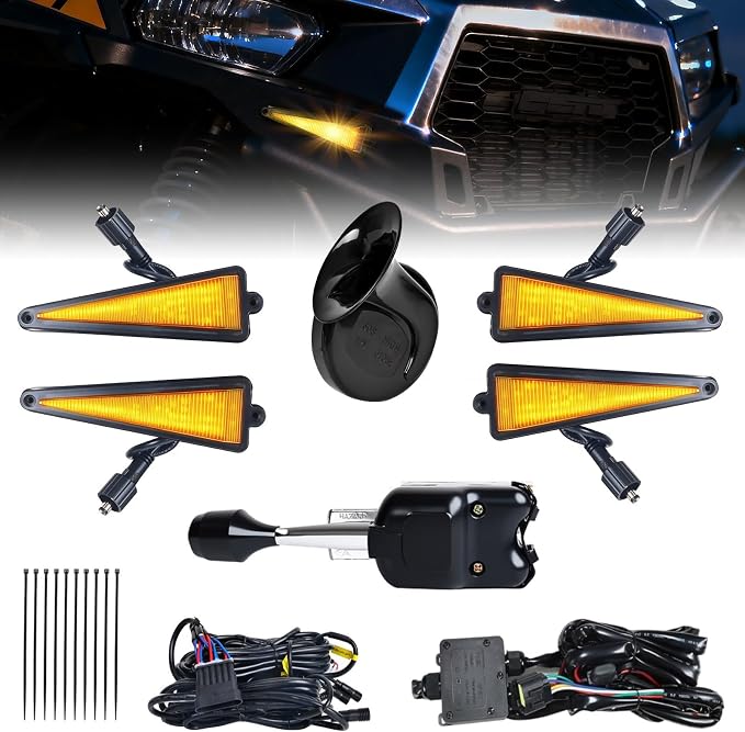 UTV Turn Signal Kit with Lever Column Switch and Triangle Amber Light,Pre-Wired, Plug and Play with Horn, Compatible with Polaris, CFMOTO,Can-Am, Pioneer, Kawasaki