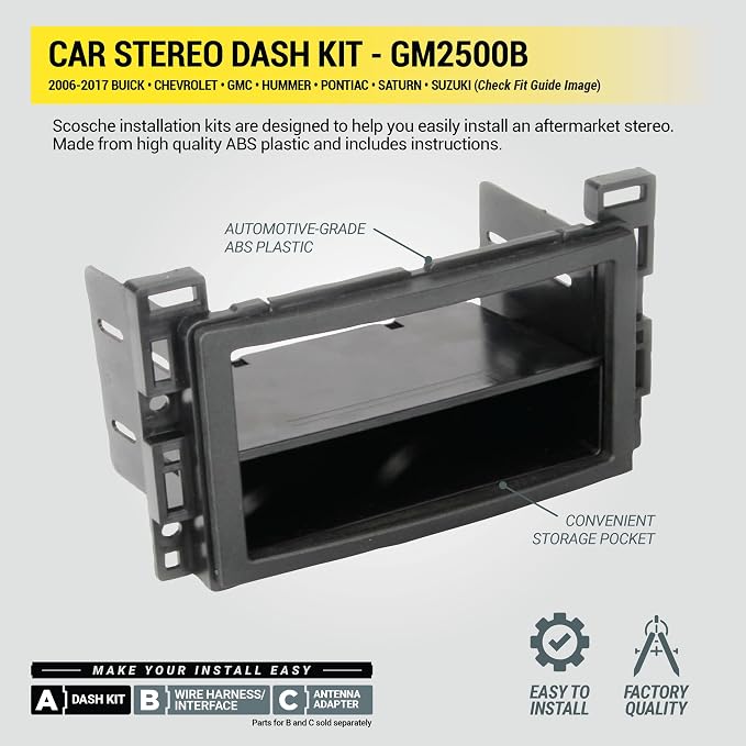 Scosche GM2500B Double DIN or Single DIN with Pocket Radio Installation Dash Kit Compatible with Select 2004-2021 GM Vehicles - Car Stereo Install Kit - See Fit Guide in Images to Verify Your Vehicle