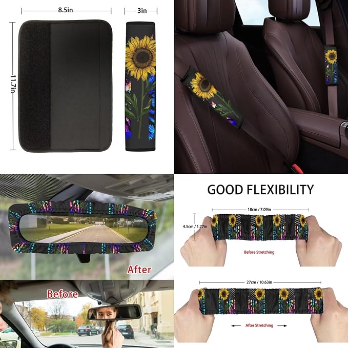 Suobstales Sunflower American Flag Tie Dye Print Car Seat Covers Set of 13 with Universal Steering Wheel Cover, Rearview Mirror Cover, Car Trash Can, Seatbelt Pads, Cup Holder Coasters, Keychains