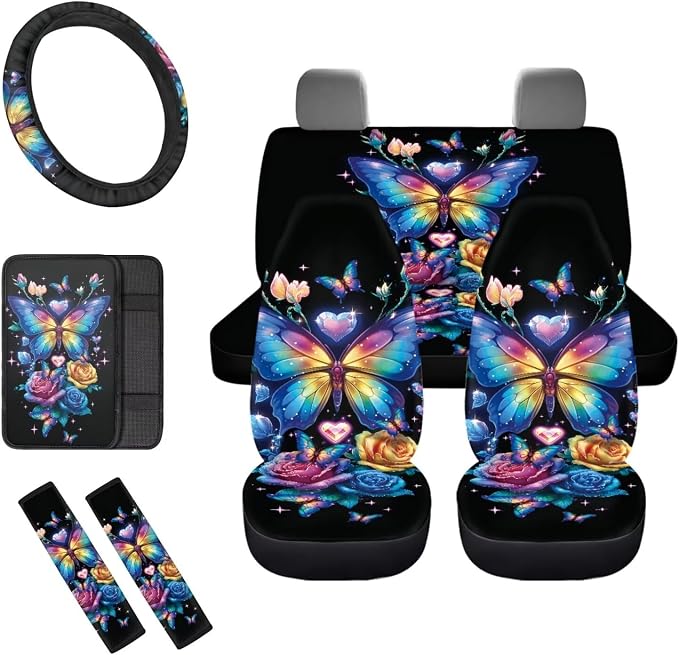 8 Pcs Dream Butterfly Car Seat Covers Full Set Car Accessories for Women Front Seat Cover Steering Wheel Armrest Cover Seat Belt Cover for Auto SUV Interior Decoration