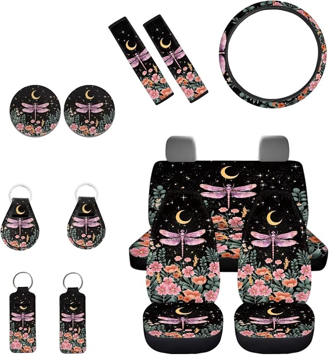INSTANTARTS Dragonfly Flower 13 Pieces Auto Accessories Car Front & Rear Seat Covers + Steering Wheel Cover + Seat Belt Cover + Keychain + Lipstick Cover + Coaster for Trucks Vans SUV