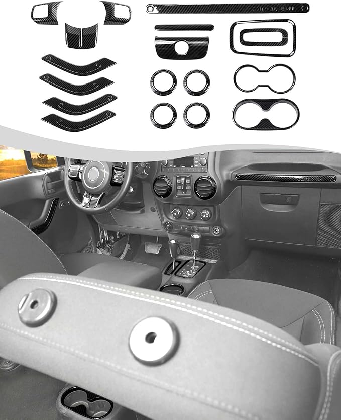 Hoolcar Steering Wheel Cover Gear Shift Panel Trim Cover Water Cup Holder Cover Kit Interior Accessories Kit Fit for Jeep Wrangler JK JKU 2011-2018, 4-Door, Carbon Fiber