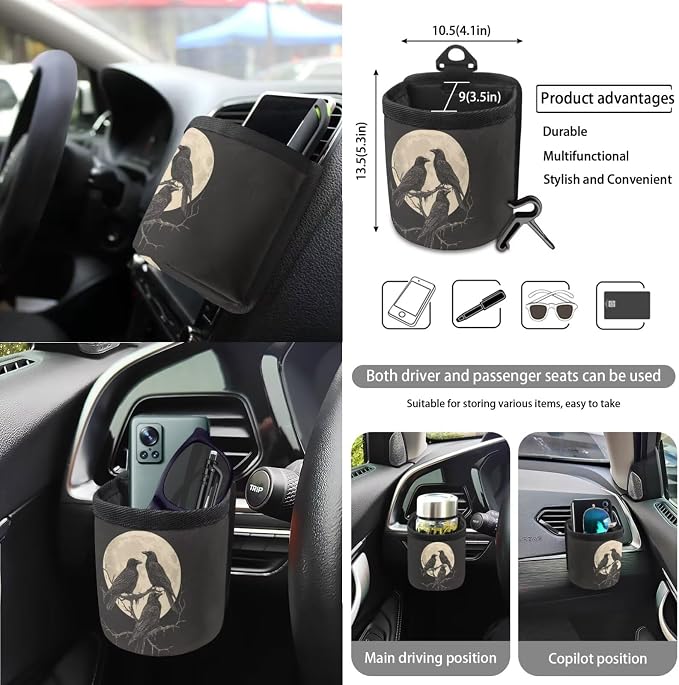 Crow Moon Pattern Auto Accessories Set of 15, Car Seat Cover Steering Wheel Cover Seat Belt Cover Air Vent Storage Bag Keychain Trash Bin and Mirror Cover