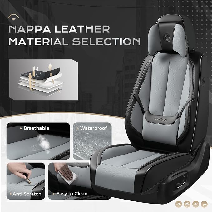 Coverado Seat Covers, Car Seat Covers Front Seats, Car Seat Cover, Car Seat Protector Waterproof, Seat Cushion Nappa Leather with Head Pillow, Carseat Cover Universal Fit for Most Cars (Black&Gray)
