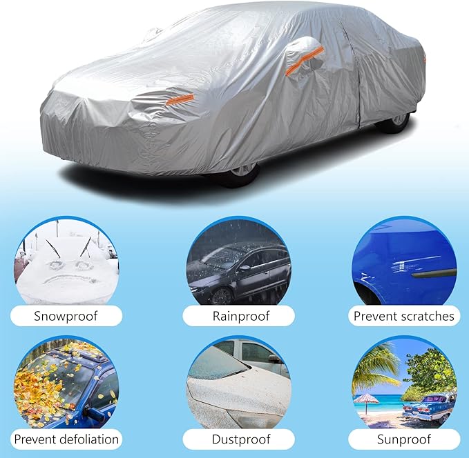 SEAZEN Car Cover Waterproof All Weather, Full car Covers UV Protection/Snowproof/Dustproof, Universal Car Cover 2 Layer with Zipper (Fit Sedan Length Up to 209")