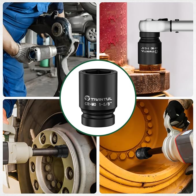 1-5/8" Impact Socket 1" Drive, 6 Point Design, CR-MO Large Impact Socket, ANSI Certified, Heavy Duty Socket 1 Inch Drive for Truck Axle Nuts, Heavy Equipment, Mining & Fleet Repair