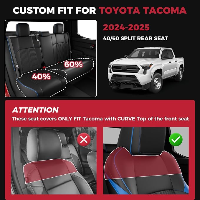 FREESOO Custom Fit Leather Tacoma Seat Covers Full Set Gen 4Th 2024-2026 Double Cab, for Sr/Sr5/Trd Prerunner/TRD Sport/TRD Off-Road/Limited, Seat Covers for Tacoma (5 Seats, BlackBlue)
