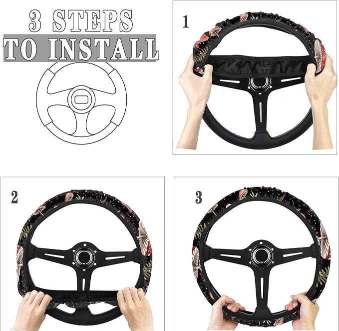 Butterfly Mushroom Auto Seat Covers Universal Fit Car Steering Wheel Cover+2PCS Shoulder Seat Belt+2 Pcs Coaster+2 Pcs Key Chain+1 Pcs Chapstick Holder Pouch Mushroom Decor Accessories