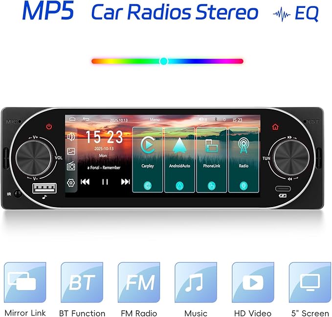 CAMECHO Single Din Radio Car Stereo with Wireless CarPlay & Android Auto 5.1" IPS Touchscreen with Bluetooth 5.2 Car Audio Receiver AM&FM, EQ, SWC, TF, AUX＆USB, Fast Charging, Backup Camera+MIC