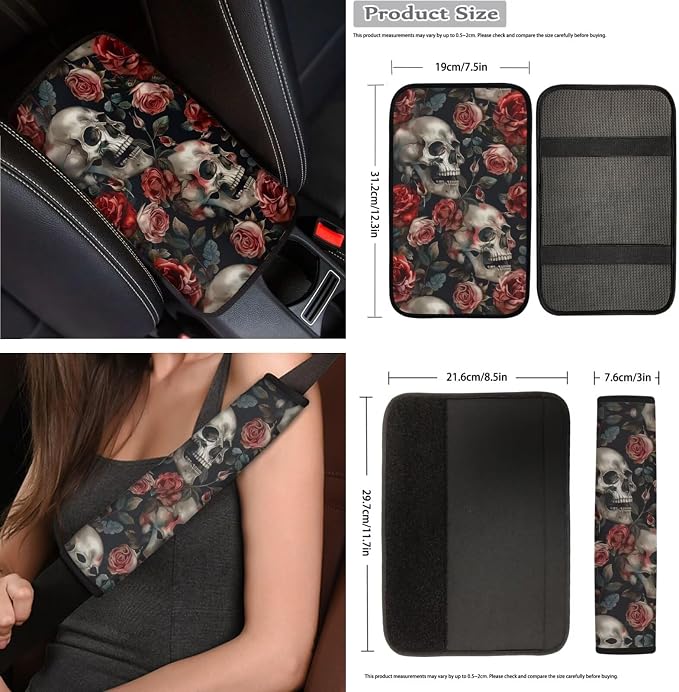 Rose Skull Car Seat Covers Full Set for Women Floral Car Accessories Steering Wheel Cover Seatbelt Pad Coasters Trash Can Car Headrest Pillow Covers Armrest Pad