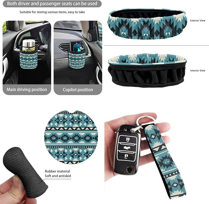 XYZCANDO Tribal Style Automobile Seat Cover Sets 15 PCS Car Seat Cover Set Steering Wheel Cover Seat Belt Pads Cover Garbage Bag Storage Box Rear View Mirror Cover Coasters Keychain Fit Most Cars