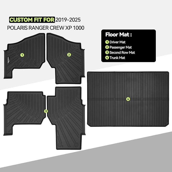 Tongama-Floor Mats for 2019-2025 Polaris Ranger Crew XP 1000 (4 Passenger), All Weather TPE Floor Liners and Trunk Mat for Polaris Ranger Crew XP 1000 Waterproof Interior Accessories