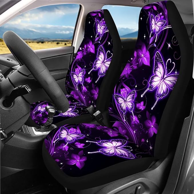Purple Butterfly Car Seat Covers Full Sets of 18 Pieces Butterfly Car Interior Accessories Set with Soft Car Seat Belt Pads Cover Car Headrest Covers Steering Wheel Wrap,Universal Fit