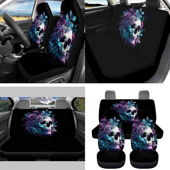 15 Pcs Floral Skeleton Auto Interior Accessories Car Seat Covers with Auto Steering Wheel Cover Seat Belt Covers Car Trash Can View Mirror Cover Coaster Keychains