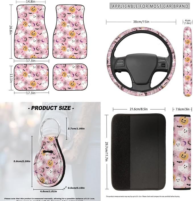 Pink Cute Halloween Car Accessories Set for Women, Car Seat Covers Full Set with Steering Wheel Cover Floor Mats Armrest Pad Seat Belt Pads Roof Cup Coaster Handle Wraps Keychains