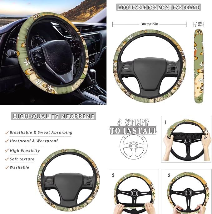 Hippie Floral Design Car Seat Cover Full Set for Women, Car Steering Wheel Cover Auto Center Console Pad Seat Belt Pads, Universal Automotive Interior Accessories Set of 8