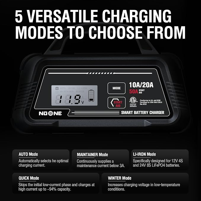 NOONE 10A/20A Smart Battery Charger & Maintainer - 12V/24V Fully Automatic with 50A Engine Start, Winter Mode, and Auto Repair - Car Trickle Charger for AGM, Gel, Deep Cycle & LiFePO4 Batteries